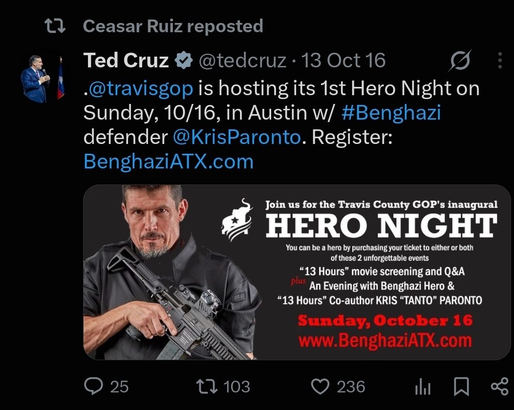Reposting Ted Cruz to promote a Travis County GOP event