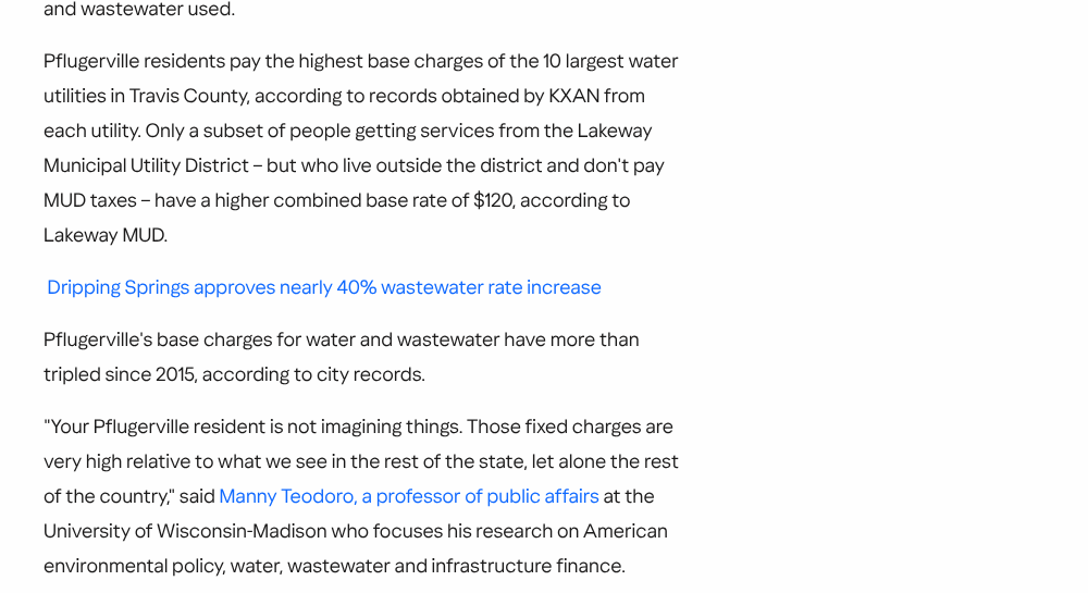 KXAN: highest base charges of the 10 largest water utilities in Travis County