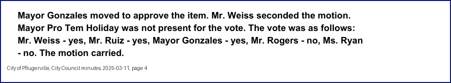 City Council minutes, 2025-03-11, page 4: Mayor Gonzales moved to approve the item. Mr. Weiss seconded the motion. Mayor Pro Tem Holiday was not present for the vote. The vote was as follows: Mr. Weiss - yes, Mr. Ruiz - yes, Mayor Gonzales - yes, … Ms. Ryan - no. The motion carried.