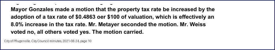 City Council minutes, 2021-08-24, page 10: Mayor Gonzales made a motion that the property tax rate be increased by the adoption of a tax rate of $0.4863 oer $100 of valuation, which is effectively an 8.0% increase in the tax rate. Mr. Metayer seconded the motion. Mr. Weiss voted no, all others voted yes. The motion carried.